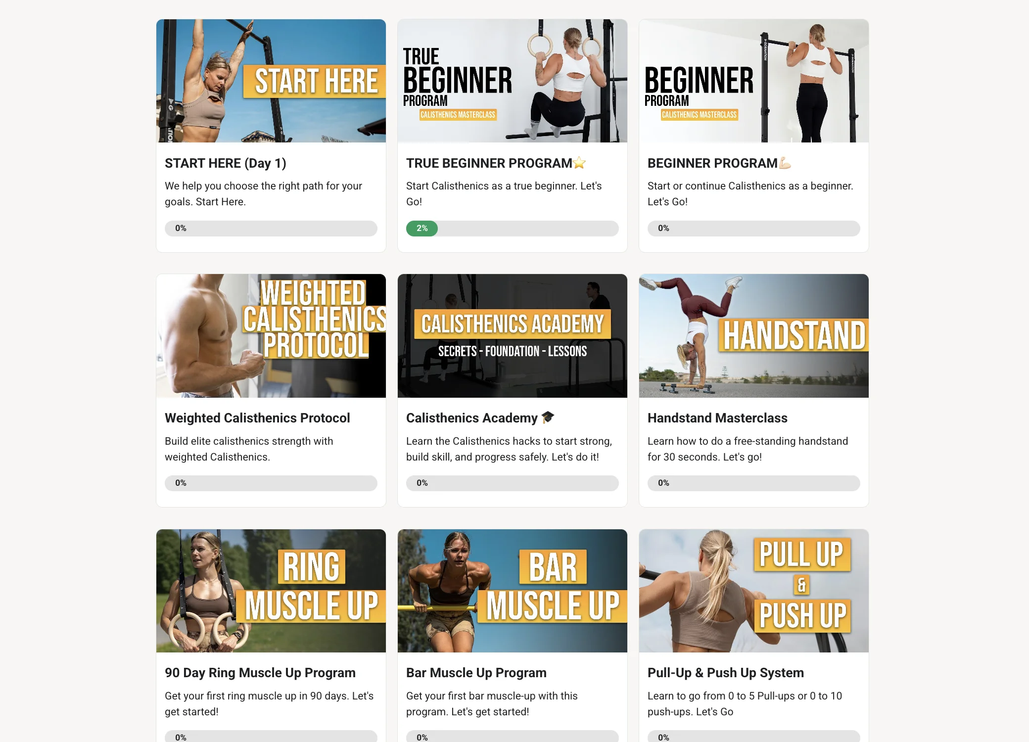 Calixpert-programöversikt som visar alla tillgängliga calisthenics-program i ett rutnät