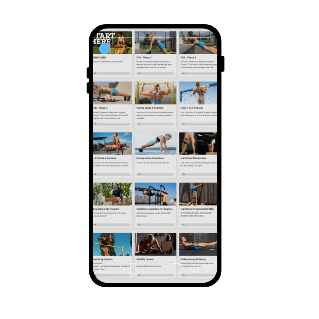 This image displays a mobile interface showcasing a comprehensive library of fitness programs and guides. The courses are neatly organized in a grid format with titles and thumbnails for each program. Some examples visible include "Pull-up Guide & Routines," "Pushup Guide & Routines," "Handstand Masterclass," and various progressions like "Calisthenics Mastery for Beginners." At the top, a section labeled "START HERE" suggests a clear entry point for new users. The layout appears user-friendly, designed for easy navigation and selection on a smartphone.